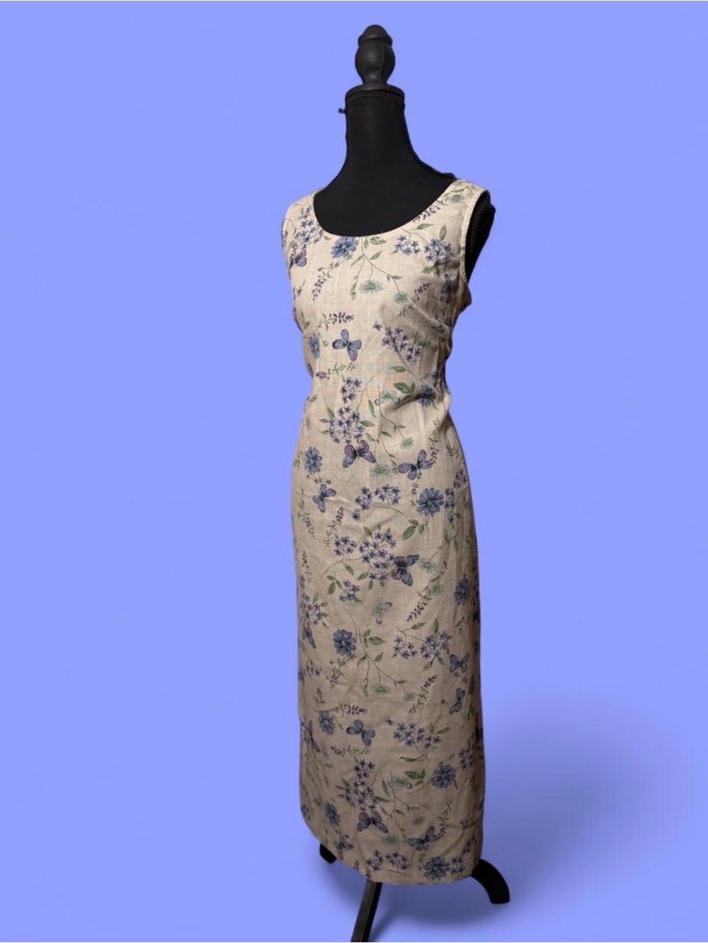 Sleeveless Floral Maxi Dress in Blue on Cream